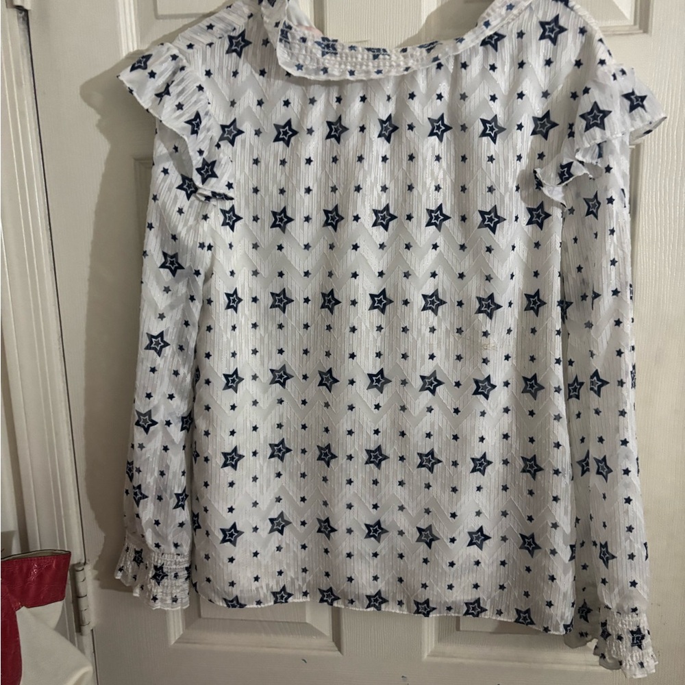 Ted Baker White and Blue Ruffled Blouse with Peter Pan Collar